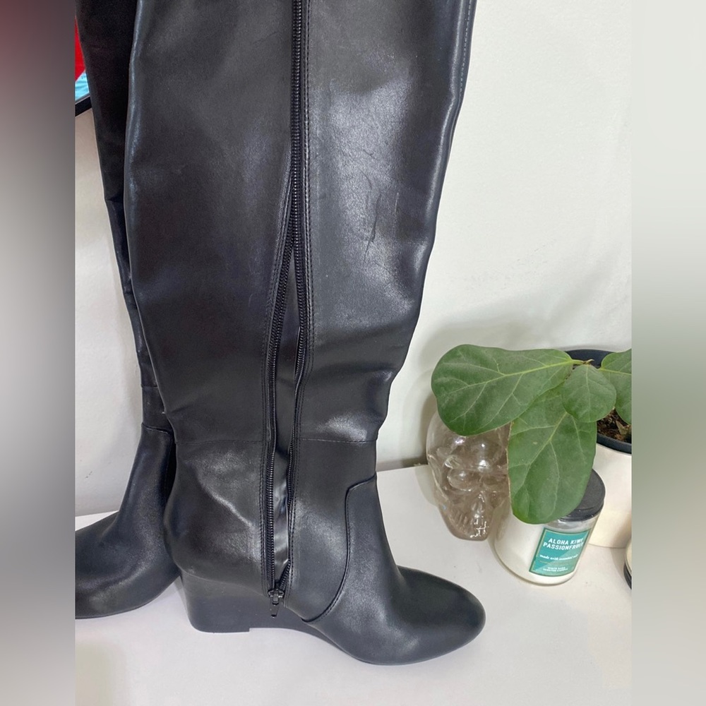 Nine West Black Leather Knee-High Wedge Boots - Picture 2 of 6